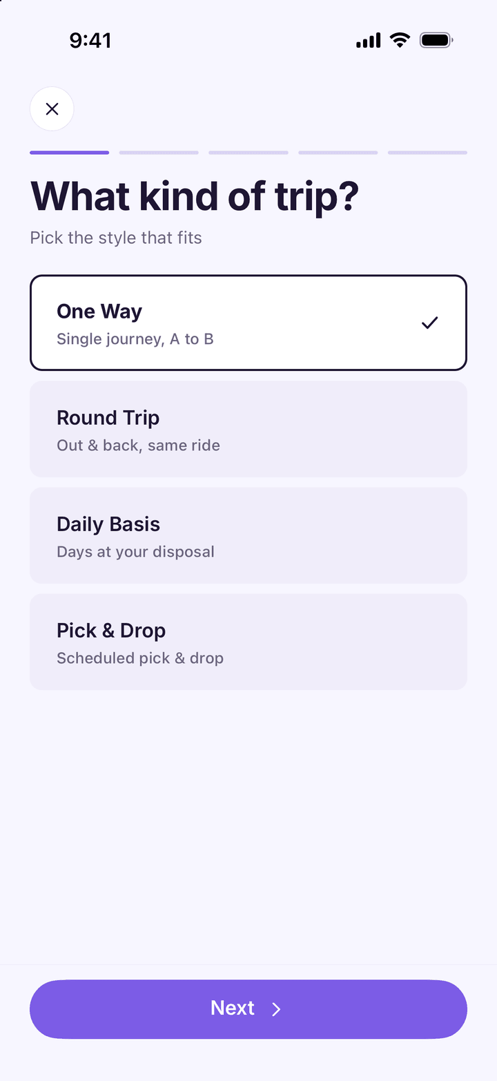The Purple Cars app asking what kind of trip you need: one way, round trip, daily basis, or pick and drop
