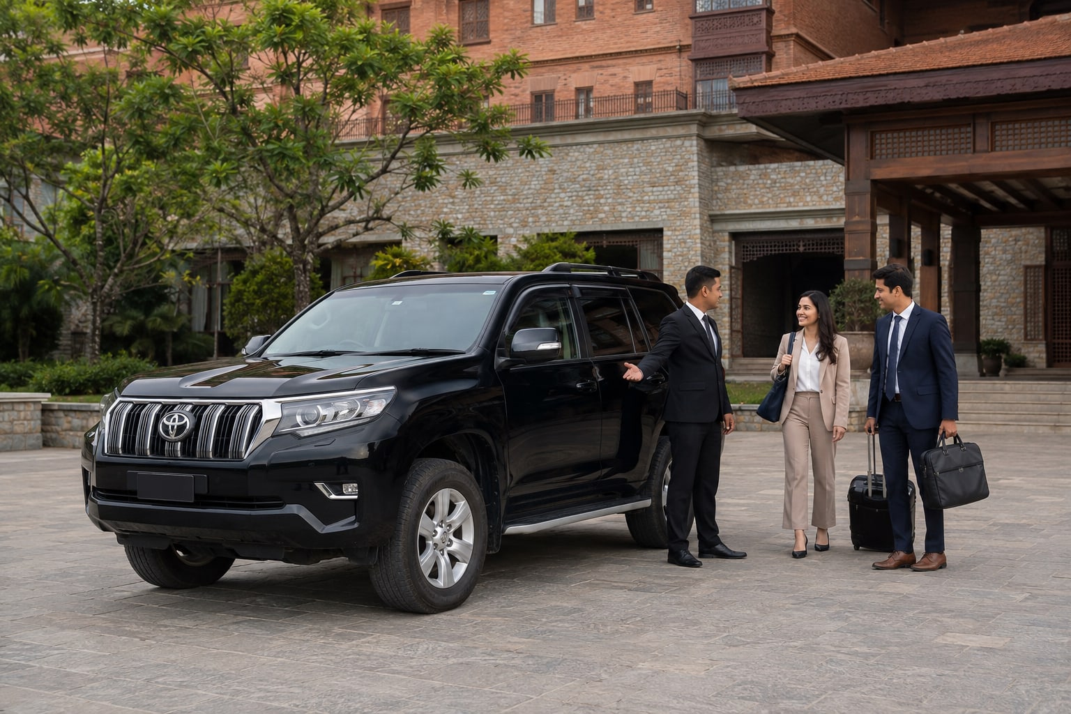 A chauffeur welcoming business travellers beside a Toyota SUV at a Kathmandu hotel