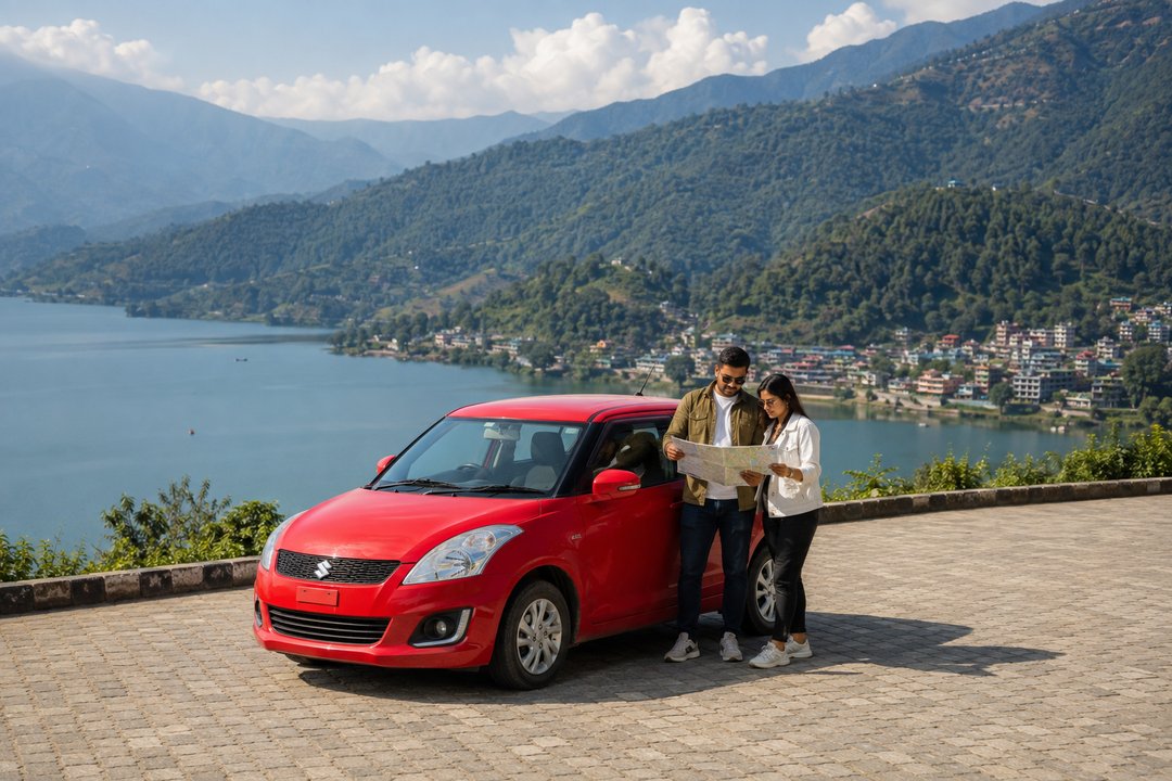 Travellers planning their route beside a car in Pokhara